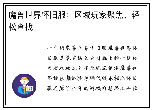 魔兽世界怀旧服:区域玩家聚焦,轻松查找